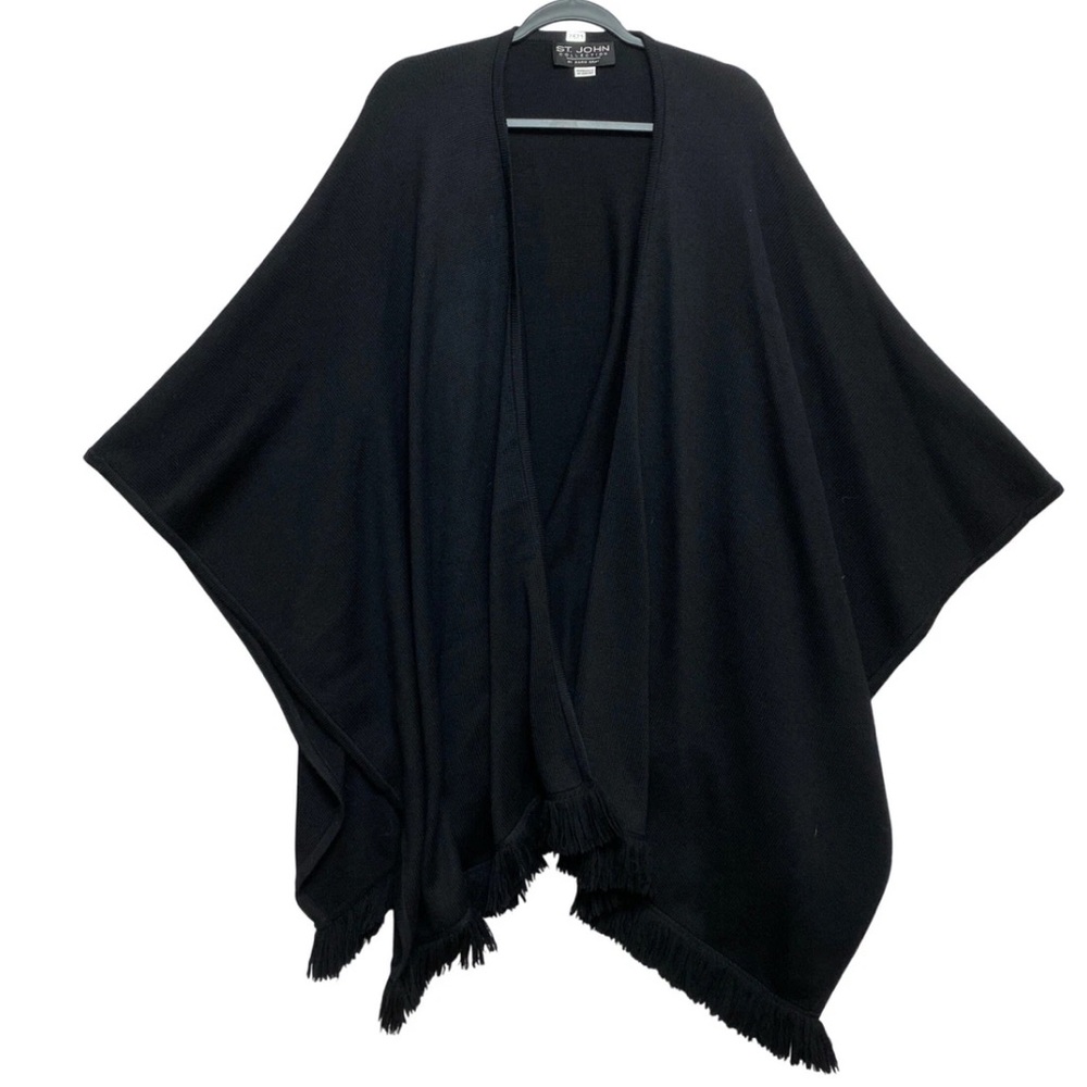 VINTAGE St John Collection By Marie Gray Poncho Cape Black Knit Fringe